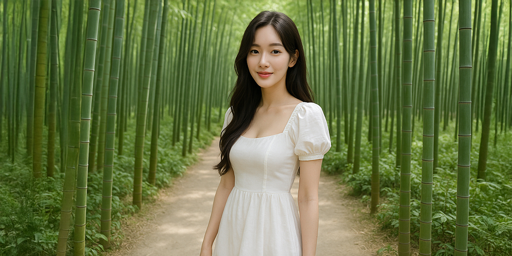 대나무 숲에 서있는 사람