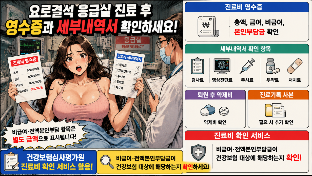 요로결석 응급실 진료 후 진료비 영수증과 세부내역서에서 검사료, 영상진단료, 주사료, 투약료를 확인하는 방법을 정리한 옛날 만화 스타일 인포그래픽