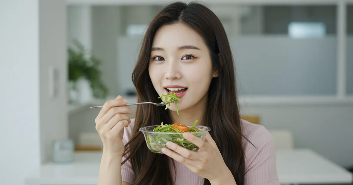 샐러드를 먹고있는 여자 이미지