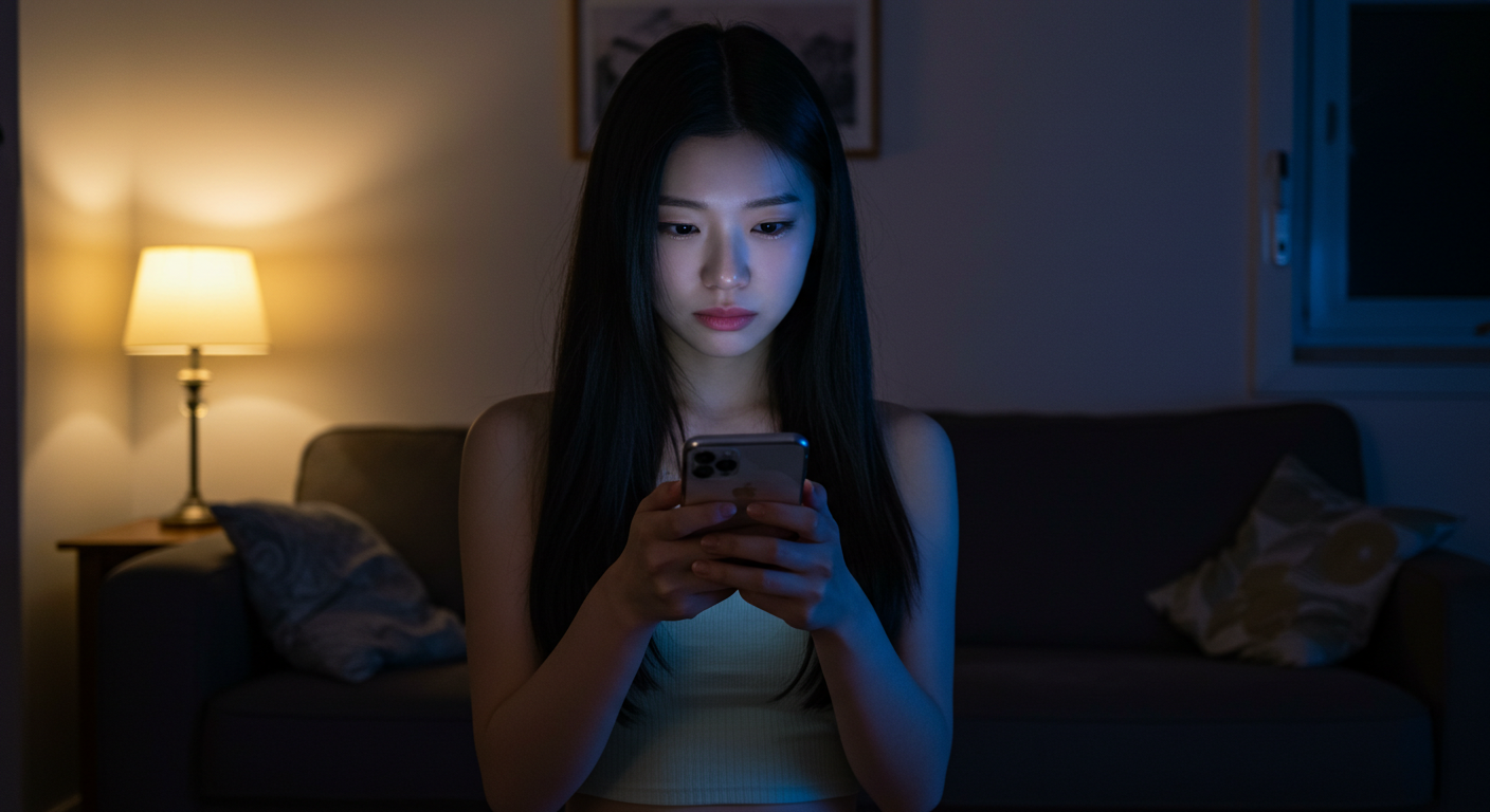 스마트폰을 보고 우울한 표정을 짓는 여인