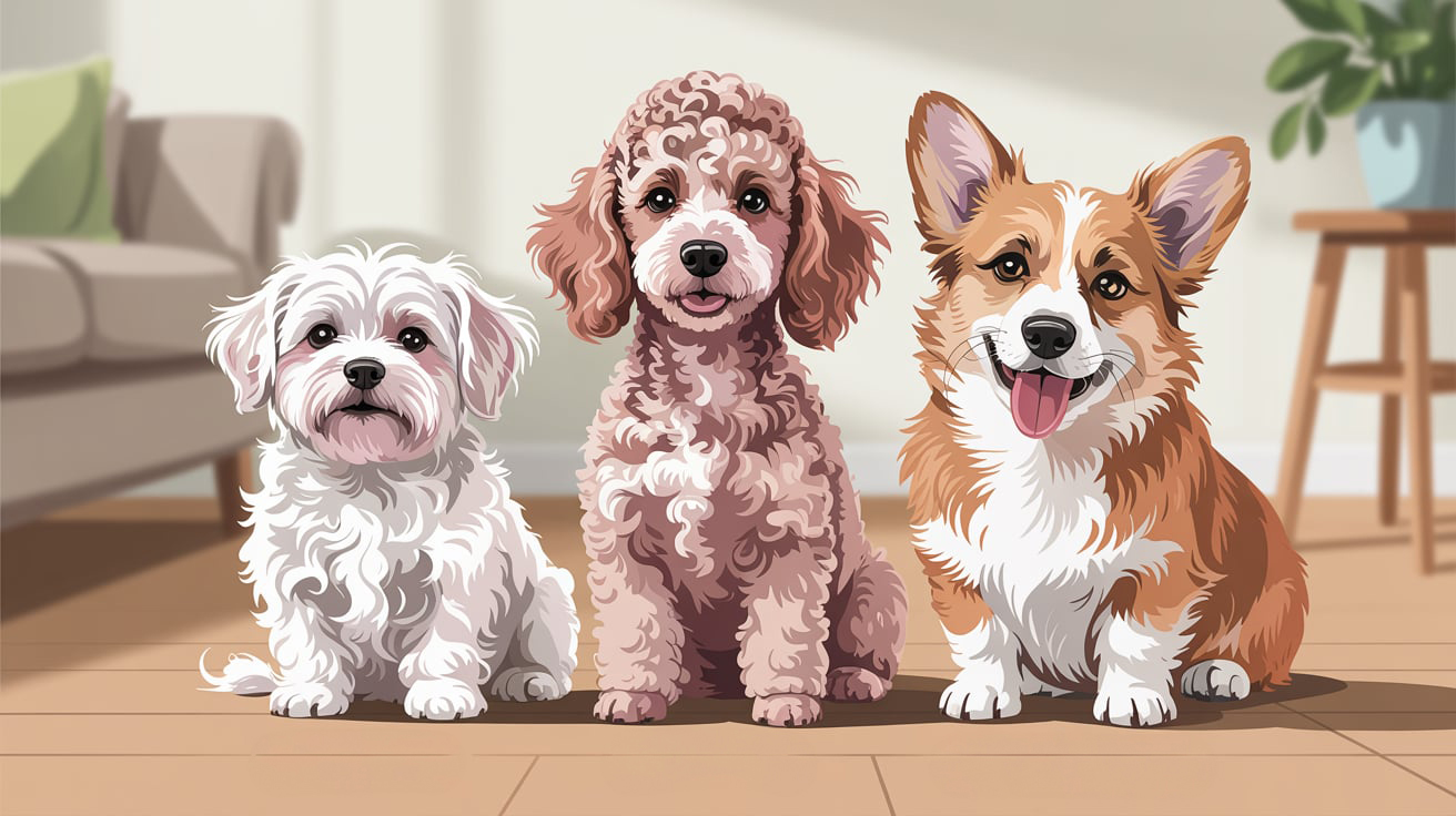 말티즈 푸들 웰시코기가 나란히 앉아있음