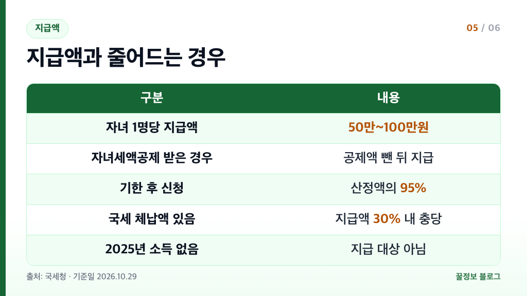 자녀장려금 지급액 자녀 1명당 50만원에서 100만원 기한 후 신청 95% 체납 충당 30% 정리표