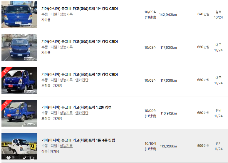 봉고3 2010년식 중고차 가격