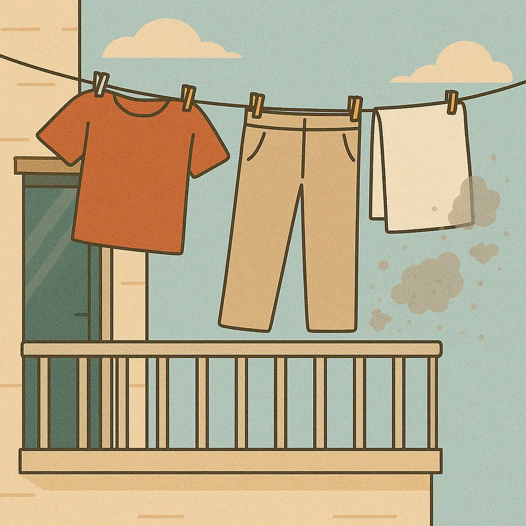 베란다에-널린-빨래에-부딪히는-먼지의-일러스트