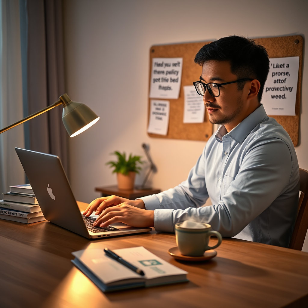 저녁 시간, 노트북이나 책으로 자기 계발하는 직장인의 모습