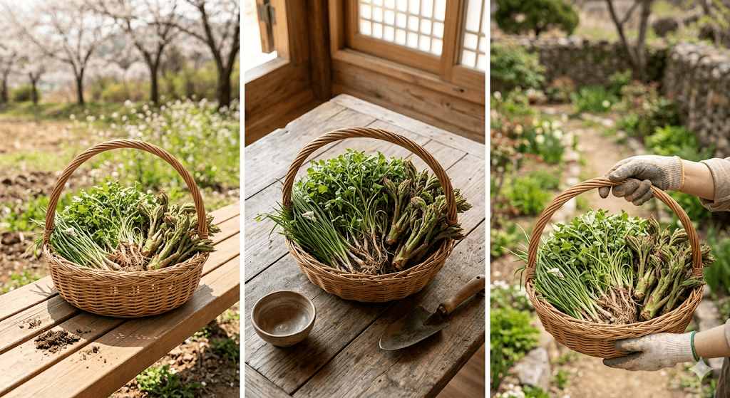 바구니에 가득 담긴 신선하고 푸른 봄나물들