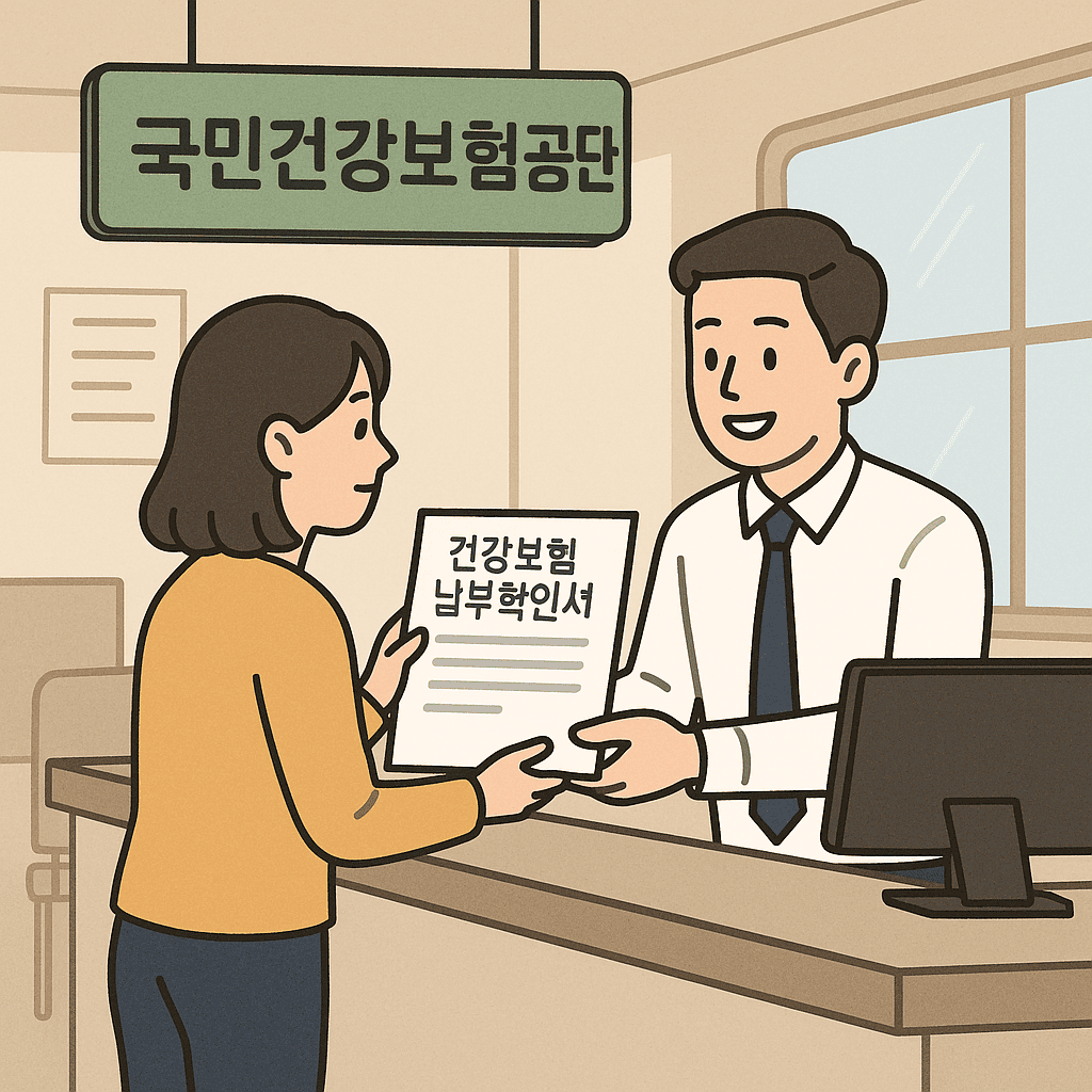 건강보험공단 지사 방문하여 납부확인서 발급하는 장면