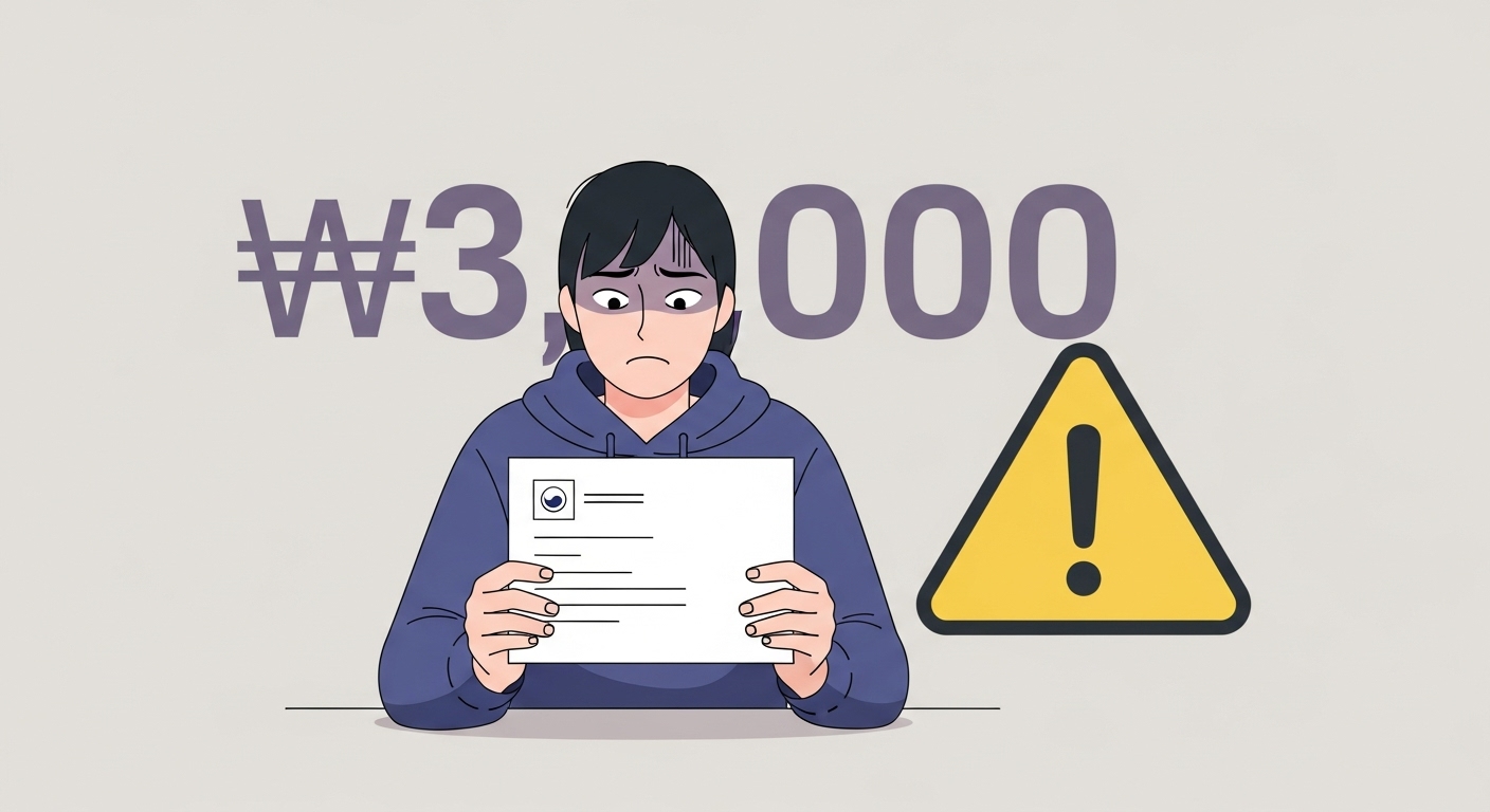 운전면허 갱신 지연으로 3만원 과태료 고지서를 받고 당황하는 사람의 모습.