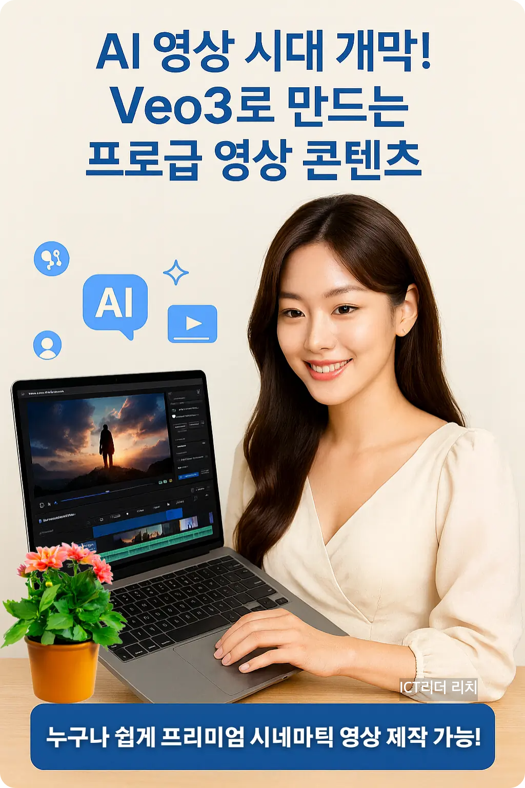 밝고 환한 20대 여성이 노트북 앞에서 AI 영상 생성 도구 Veo3를 사용 중인 모습의 고화질 인포그래픽