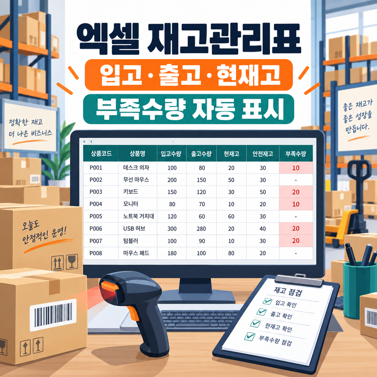 엑셀 재고관리표 수식 - 입고&middot;출고&middot;현재고&middot;부족수량 자동 표시