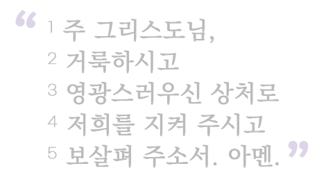 1. 주 그리스도님,

2. 거룩하시고

3. 영광스러우신 상처로

4. 저희를 지켜 주시고

5. 보살펴 주소서. 아멘.