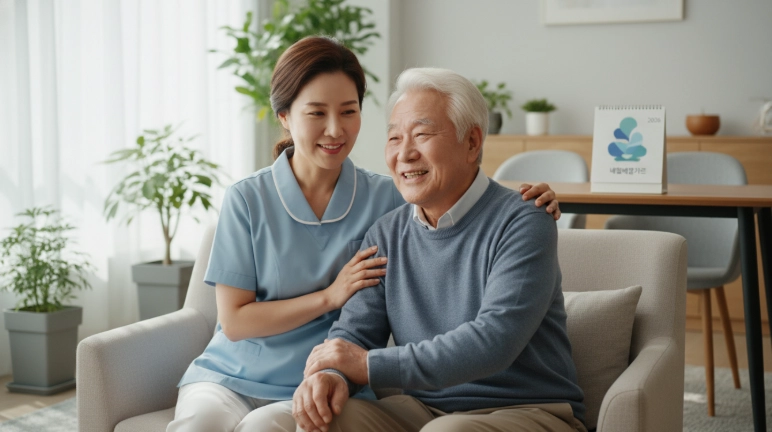 2026년 요양보호사 자격증 취득을 위해 내일배움카드를 활용하여 교육비를 절감하고, 재취업을 준비하는 40대~50대 중년 여성이 친절하게 노인을 돌보는 모습