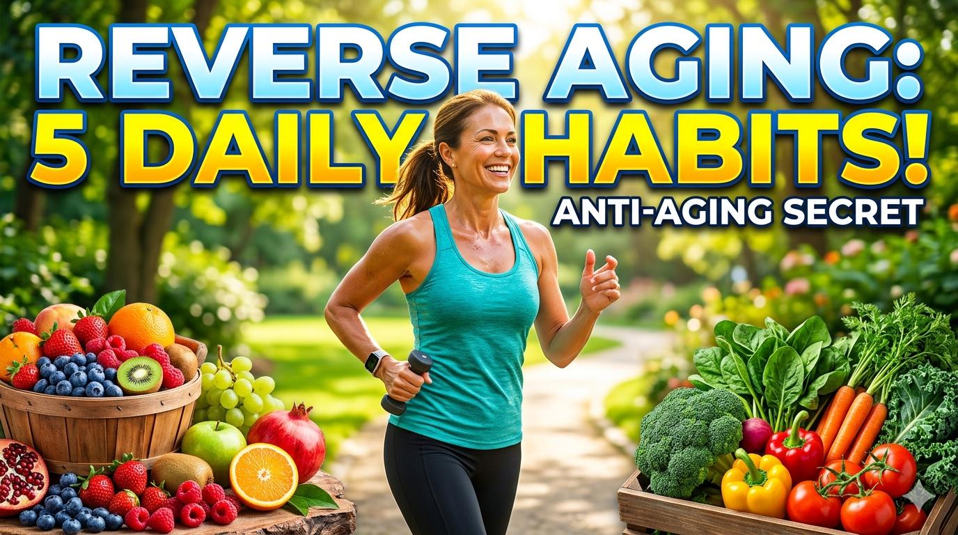 A bright healthy lifestyle showing a person exercising with fresh fruits and vegetables, symbolizing anti-aging habits
