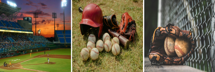 왼쪽 이미지는 야구경기를 할 수 있는 야구경기장 모습이고
해질무렵이라 석양이 참 아릅답네요.
가운데 이미지는 야구할 때 사용하는 헬멧, 방망이, 야구볼이네요.
우측이미지는 글러브 안에 야구공 두개가 있는 이미지인데 글러브와 공이 많이 낡은 것을 보니 피땀흘려 노력했을 모습이 상상이 됩니다.