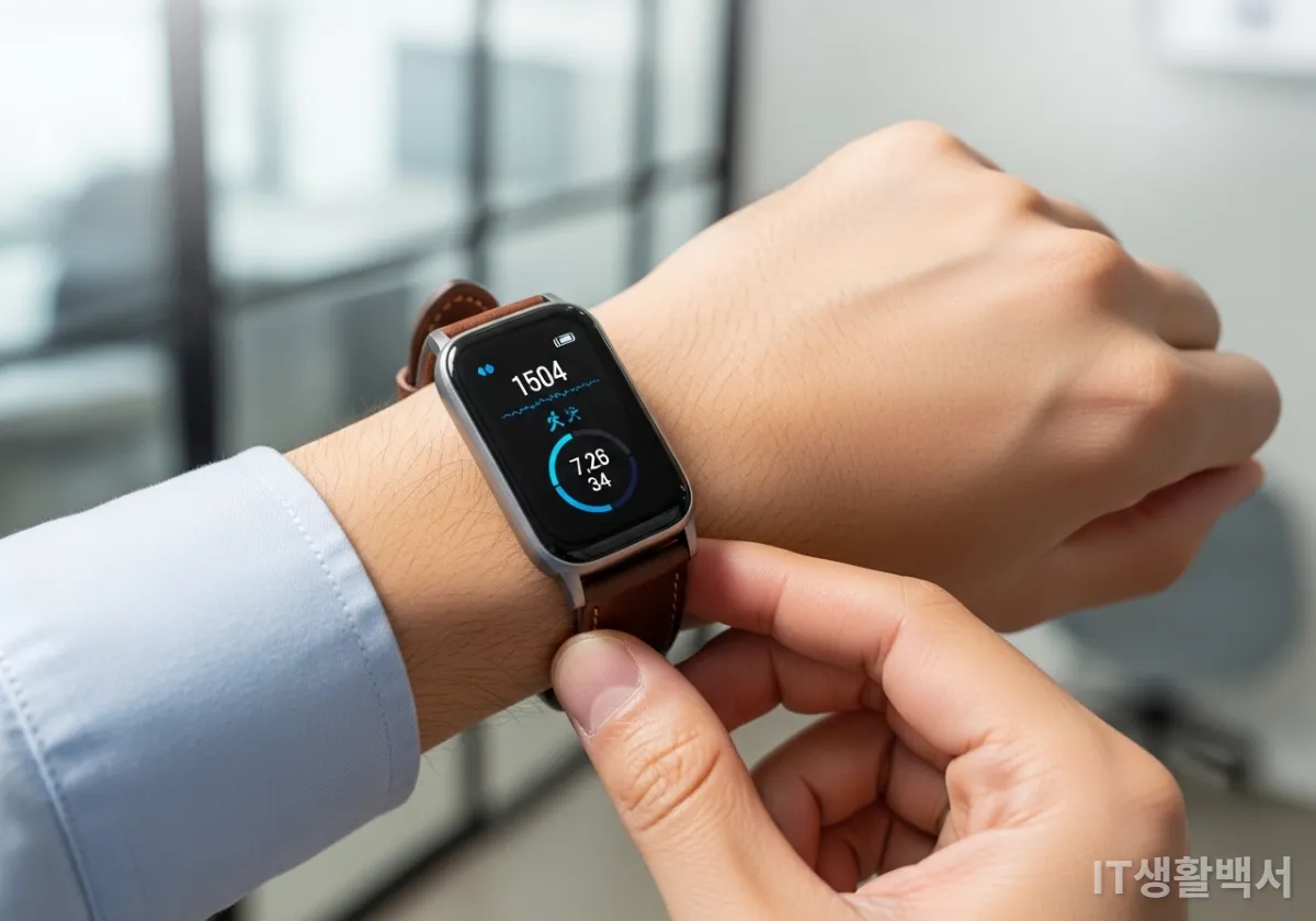 세련된 가죽 스트랩이 장착된 스마트 밴드를 착용하고 있는 한국 남성의 손목 클로즈업