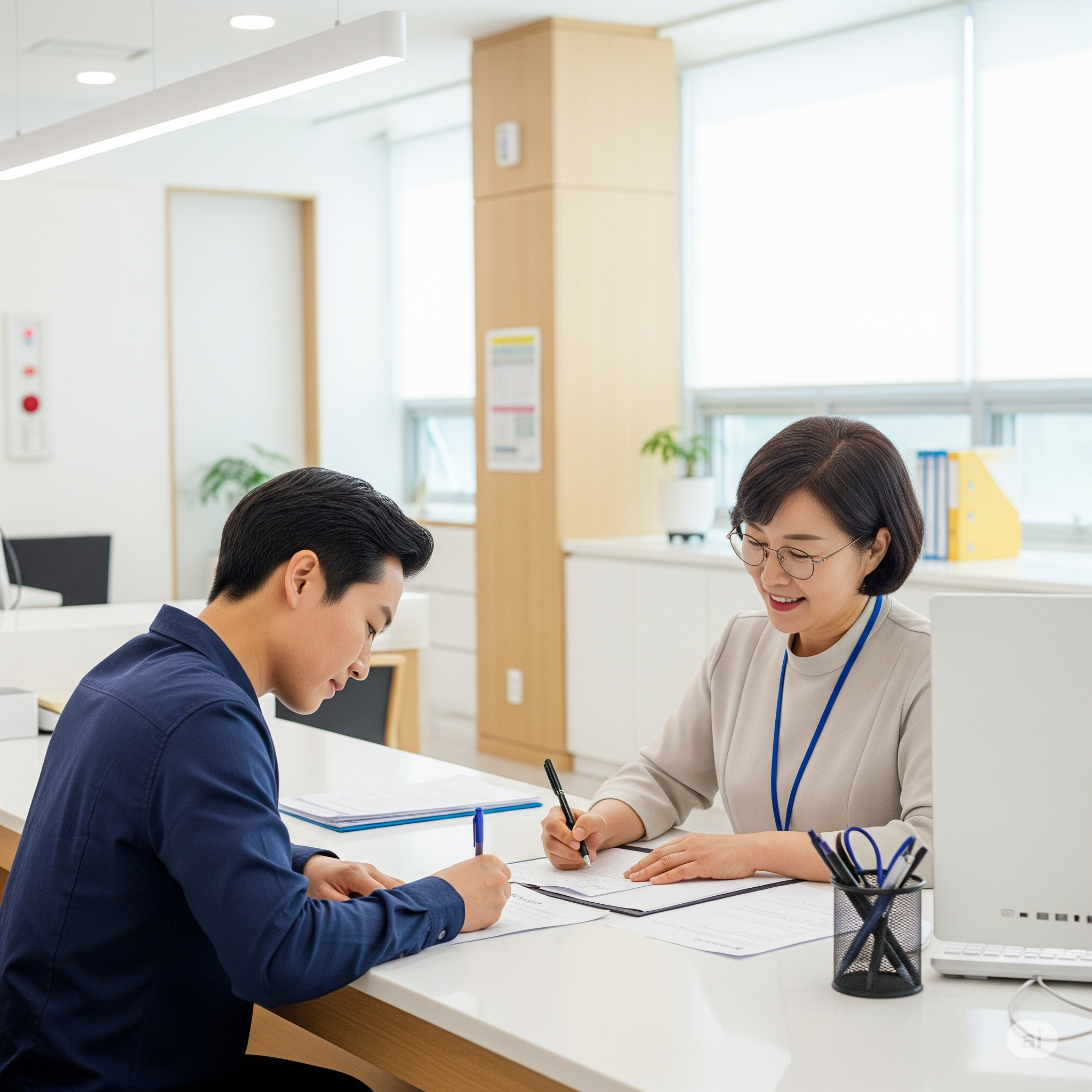 주민센터에서 민생회복 지원금 서류를 제출하고 있는 한국인과 안내해주는 직원의 모습
