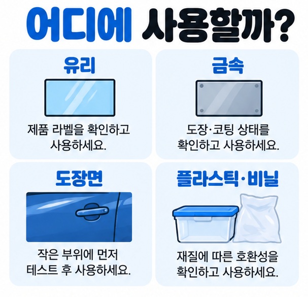 유리 금속 도장면 플라스틱 비닐에서 스티커 제거제 사용 전 확인할 점을 간단히 비교한 이미지