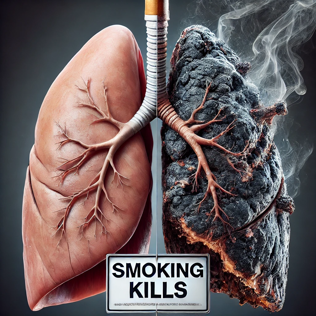 정상적인 폐와 흡연으로 인해 나빠진 폐의 모습