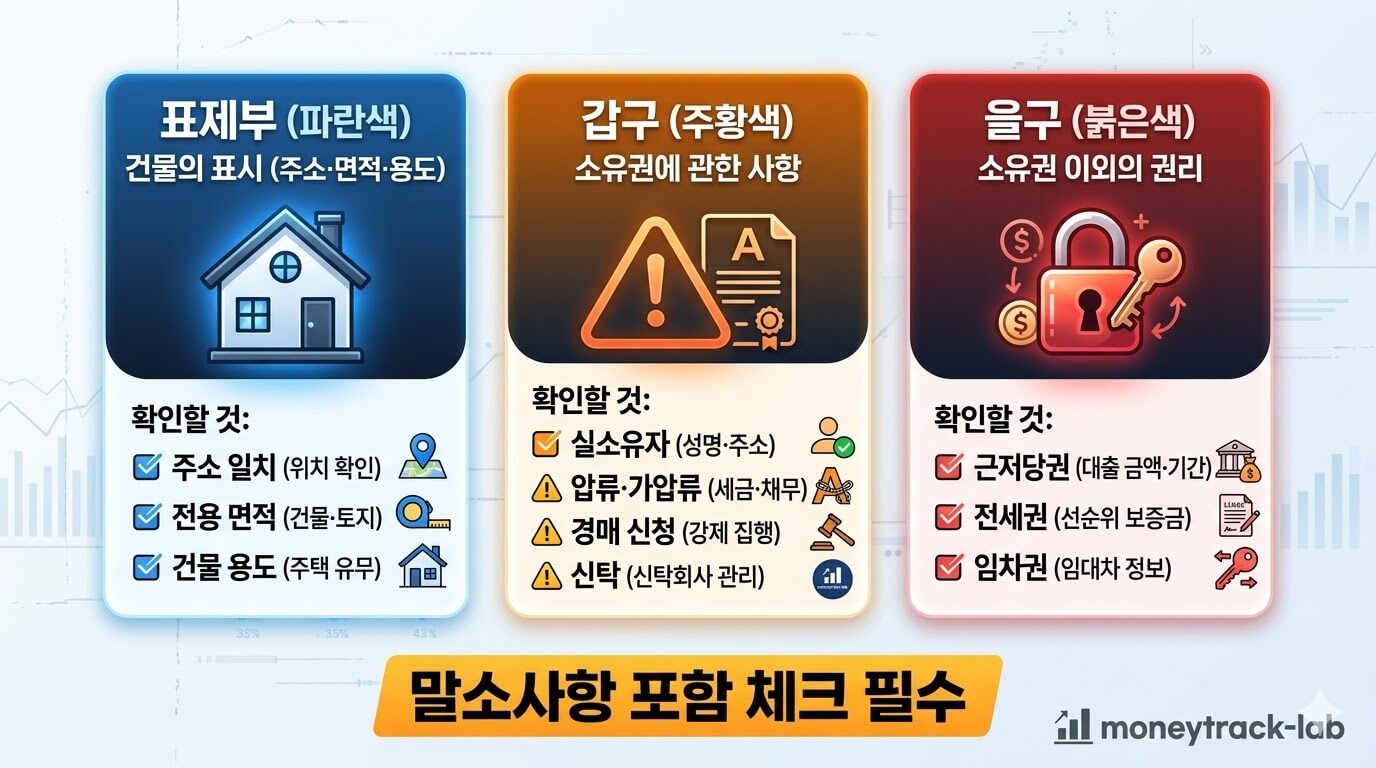 등기부등본 표제부 갑구 을구 구조 및 확인 항목 인포그래픽