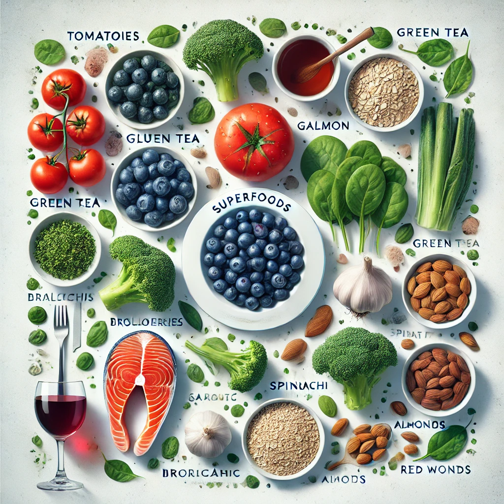 슈퍼푸드에 있는 토마토, 브로컬리,아몬드,연어, 토마토,시금치 ,아몬드등의 모습