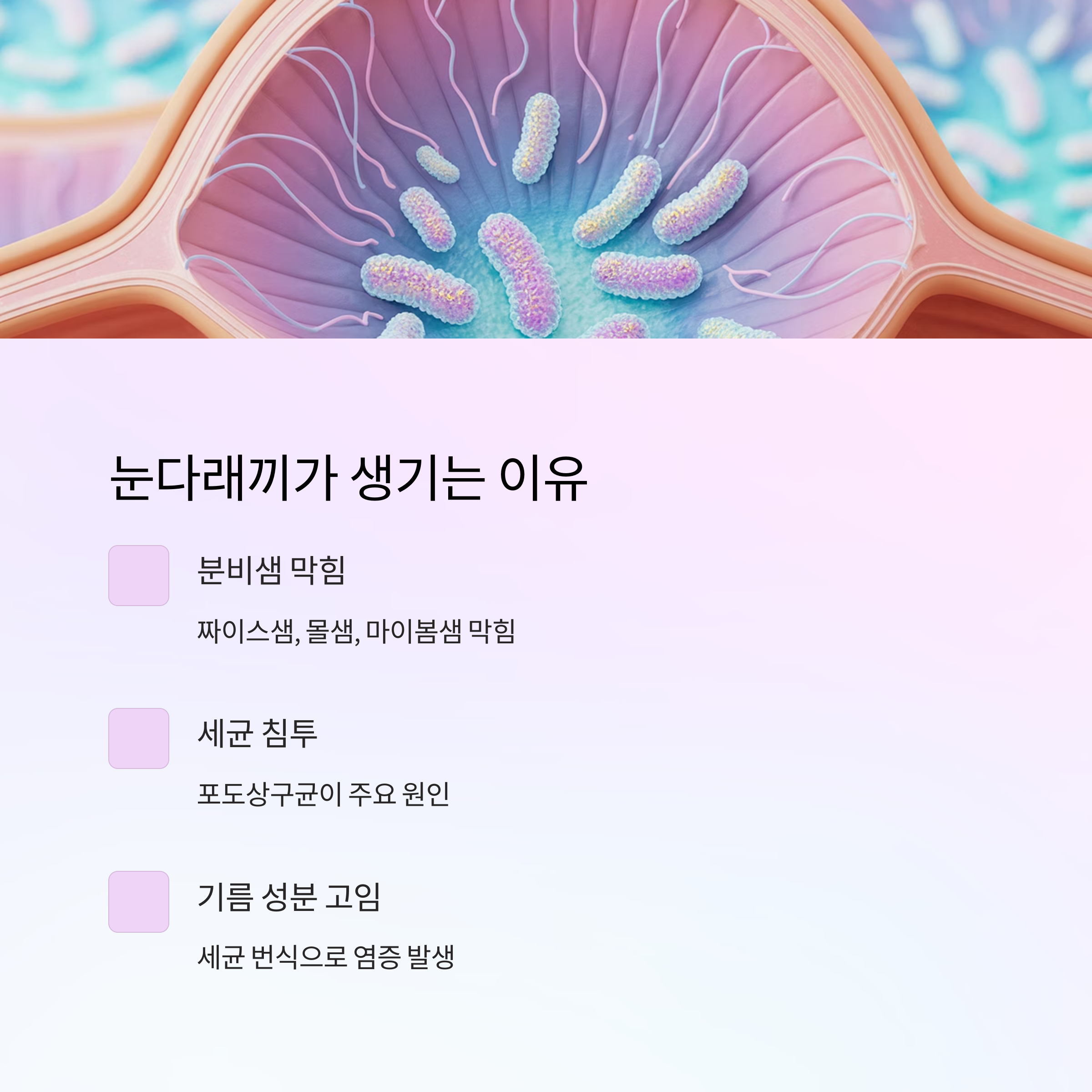 세균을 형상화한 이미지와 함께 눈다래끼의 원인(분비샘 막힘, 세균 침투, 기름 성분 고임)을 설명한 인포그래픽