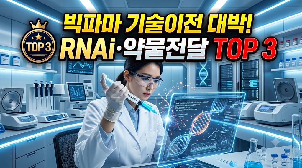 첨단 바이오 연구실에서 연구원이 주사기나 유전자 구조를 분석하고 있는 고화질 사진. "빅파마 기술이전 대박! RNAi&middot;약물전달 TOP 3" 문구가 들어간 썸네일.