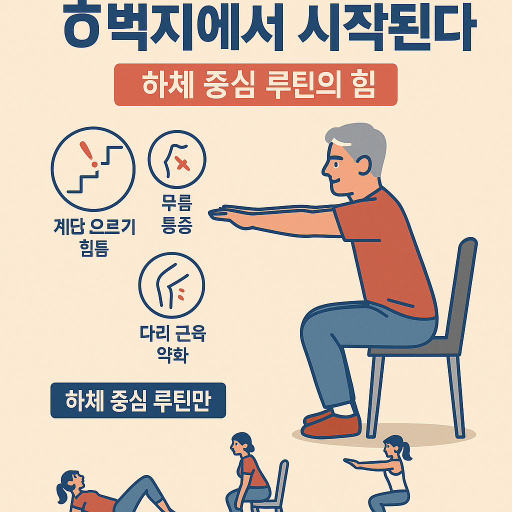 중년 남성이 의자 스쿼트를 실천하고 있고, 주변에는 하체 근력 회복에 도움이 되는 루틴 구성 요소가 설명된 인포그래픽 스타일 일러스트