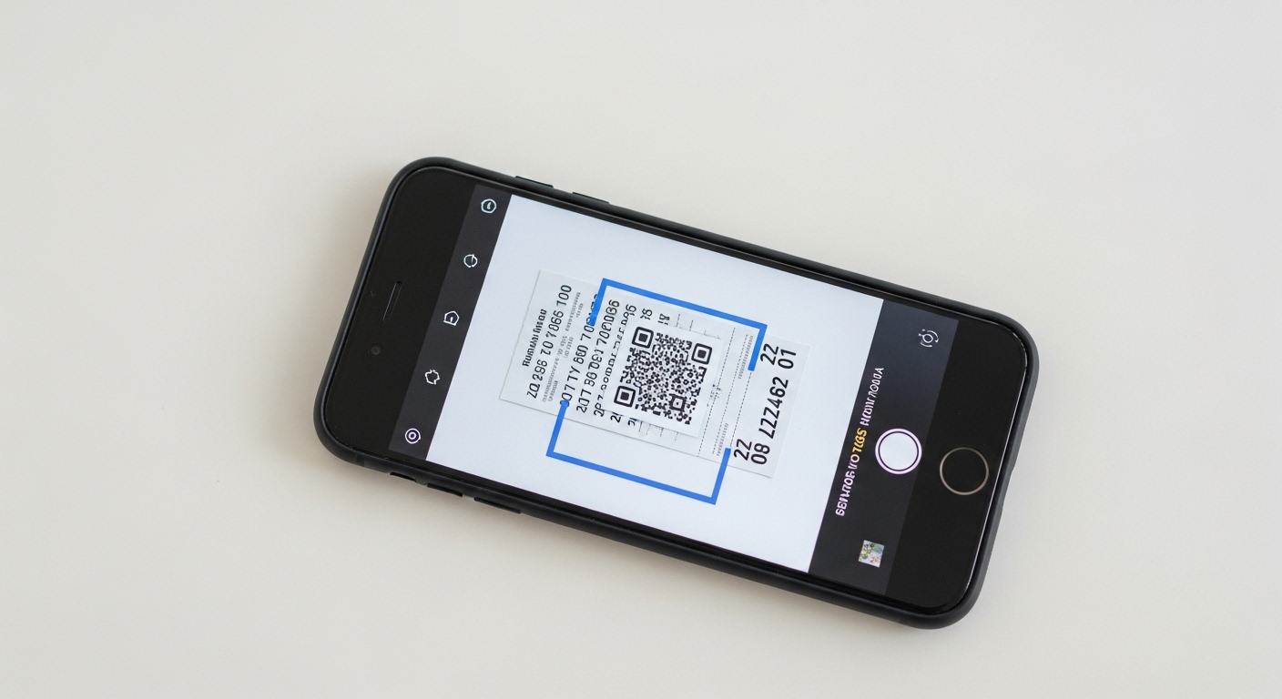 평평한 바닥에 놓인 로또 용지의 QR코드를 스마트폰으로 그림자 없이 정확한 각도에서 스캔하는 모습.