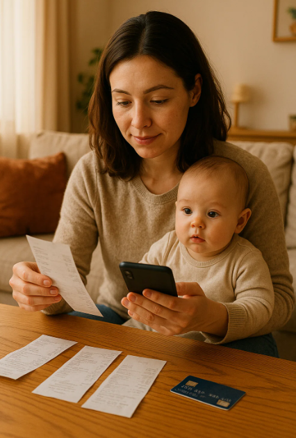 아이 옆에서 스마트폰으로 가계부를 정리하는 엄마의 따뜻한 모습