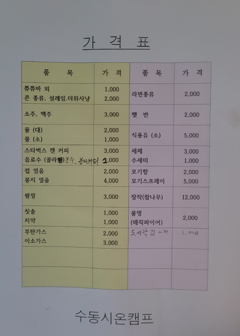매점 내 물품 가격표
