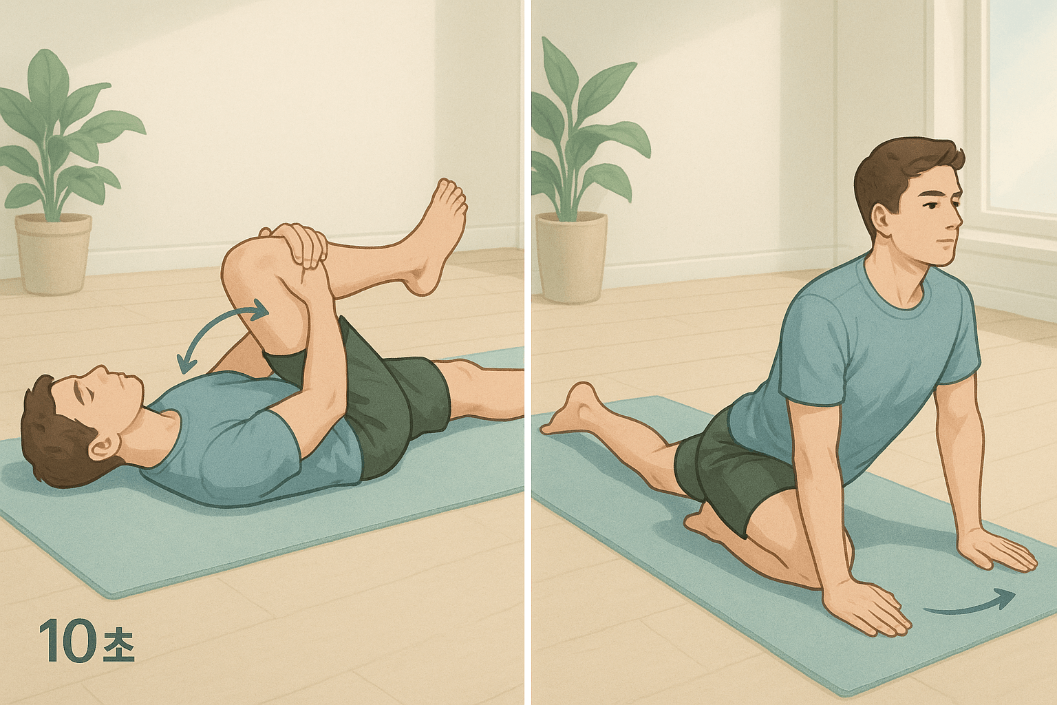 엉덩이와 다리 스트레칭: 누운 자세에서 한쪽 무릎을 가슴 쪽으로 당겨 안아줍니다(좌우 각 10초). 이후 엎드린 자세에서 한쪽 다리를 앞으로 90도로 구부리고 반대쪽 다리는 뒤로 뻗어 엉덩이와 허벅지를 늘려줍니다(좌우 각 10초).