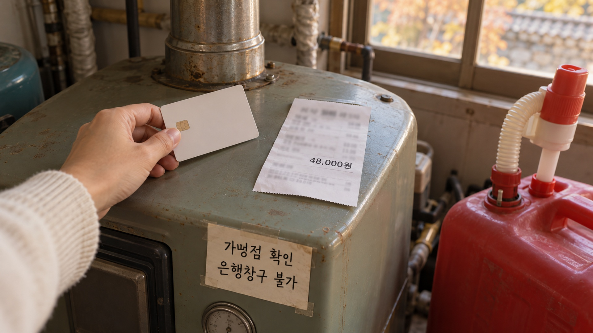 등유 보일러 옆에 놓인 국민행복카드와 등유 배달 영수증