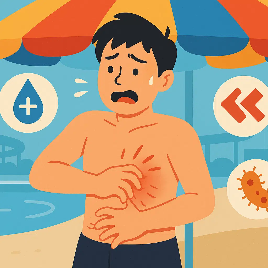 워터파크 파라솔 아래 팔과 배를 긁으며 당황하는 사람