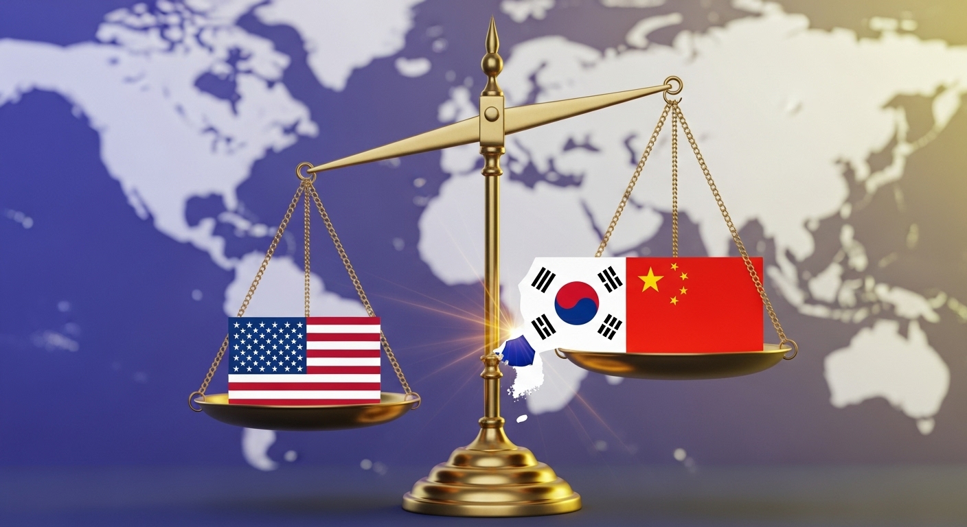 '안미경미중' 전략을 상징하는 균형 잡힌 저울 그림. 미국과 중국 국기가 양쪽에 있고, 한국 국기가 중심에서 균형을 잡는 모습으로 한국의 실리 외교를 표현.