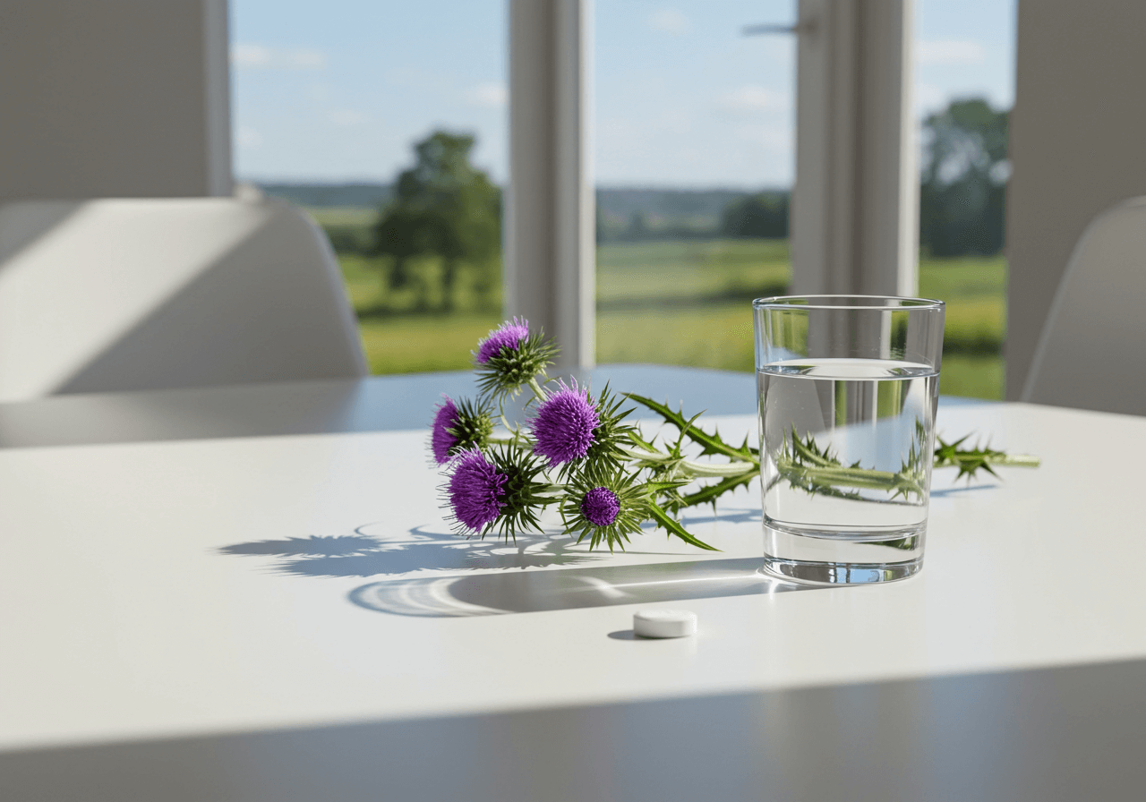 밀크씨슬 꽃과 물컵, 그리고 보충제 알약이 놓여 있는 밝은 테이블
