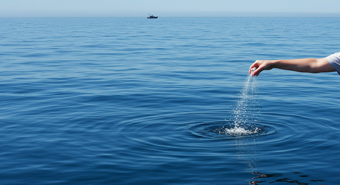 푸른 바다 위로 뻗은 팔이 고인의 유골 가루(재)를 뿌리고 있으며, 물 위에는 작은 파문이 일고 있다.