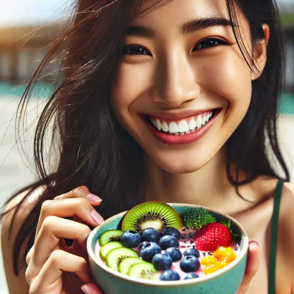 생기 넘치는 과일 스무디 볼을 들고 미소 짓는 젊은 아시아 여성