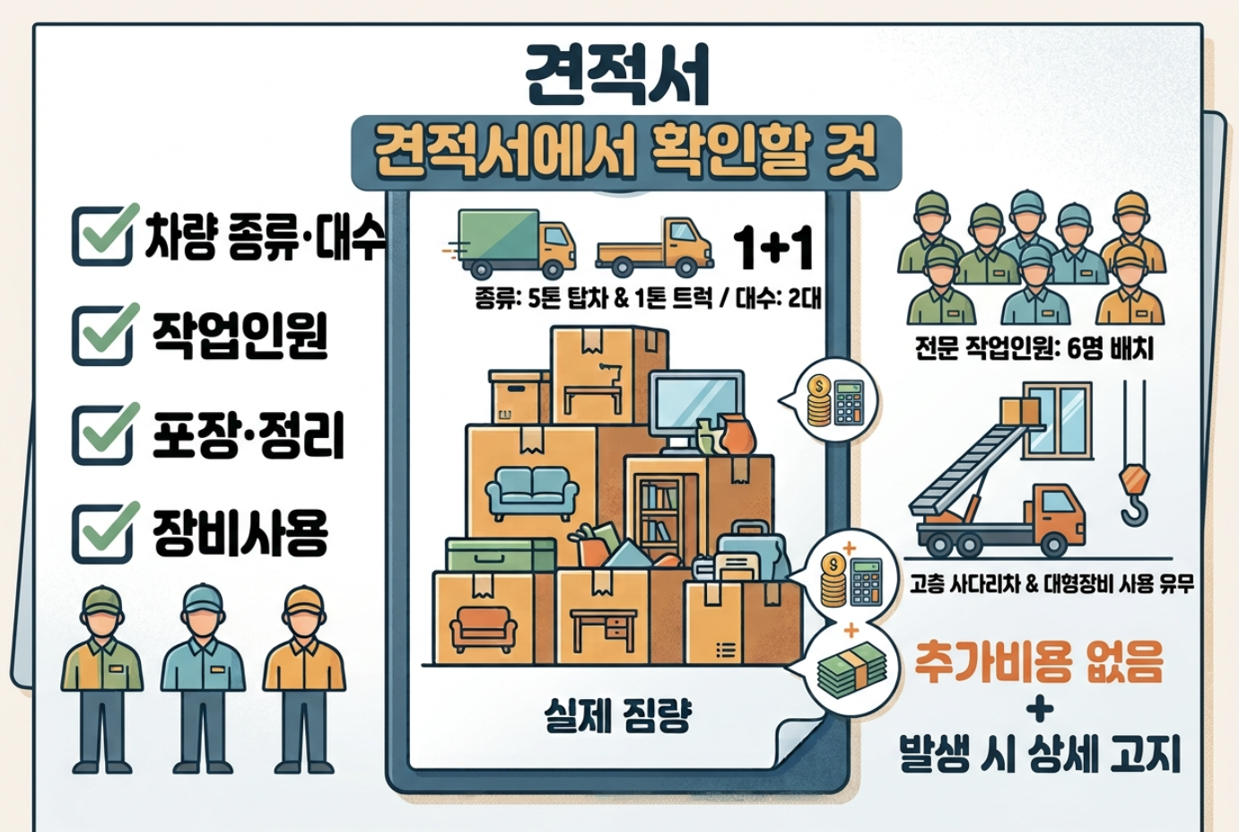 이사 견적서에서 차량 인원 작업조건 비용을 확인하는 체크리스트