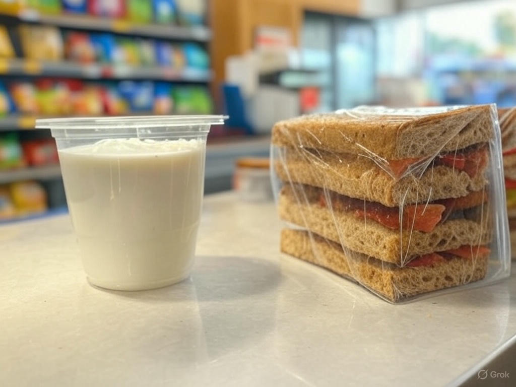 편의점에서 건강하게 식사대용으로 이용할 수 있는 그릭요거트와 잡곡샌드위치