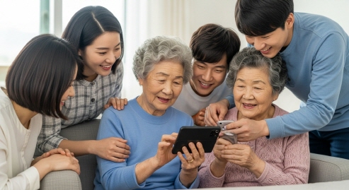 고령 여성이 자녀 도움받아 앱 설치하는 장면