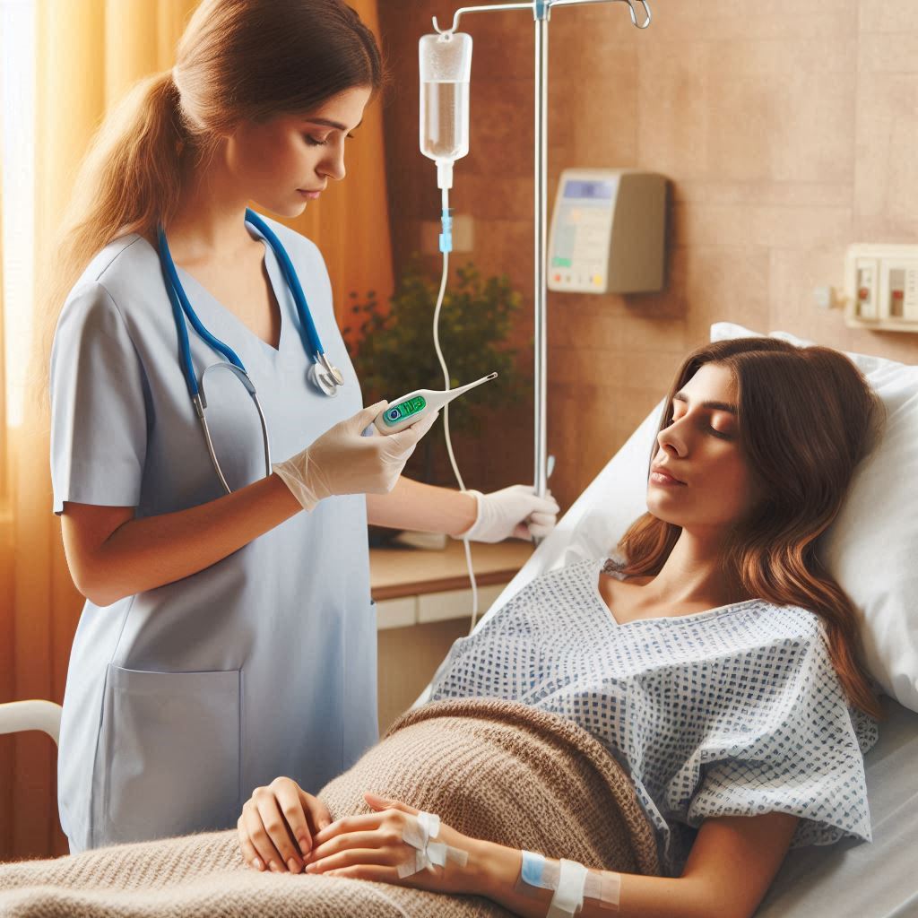 산후 감염으로 인해 열이 나는 산모의 체온을 재는 간호사의 모습