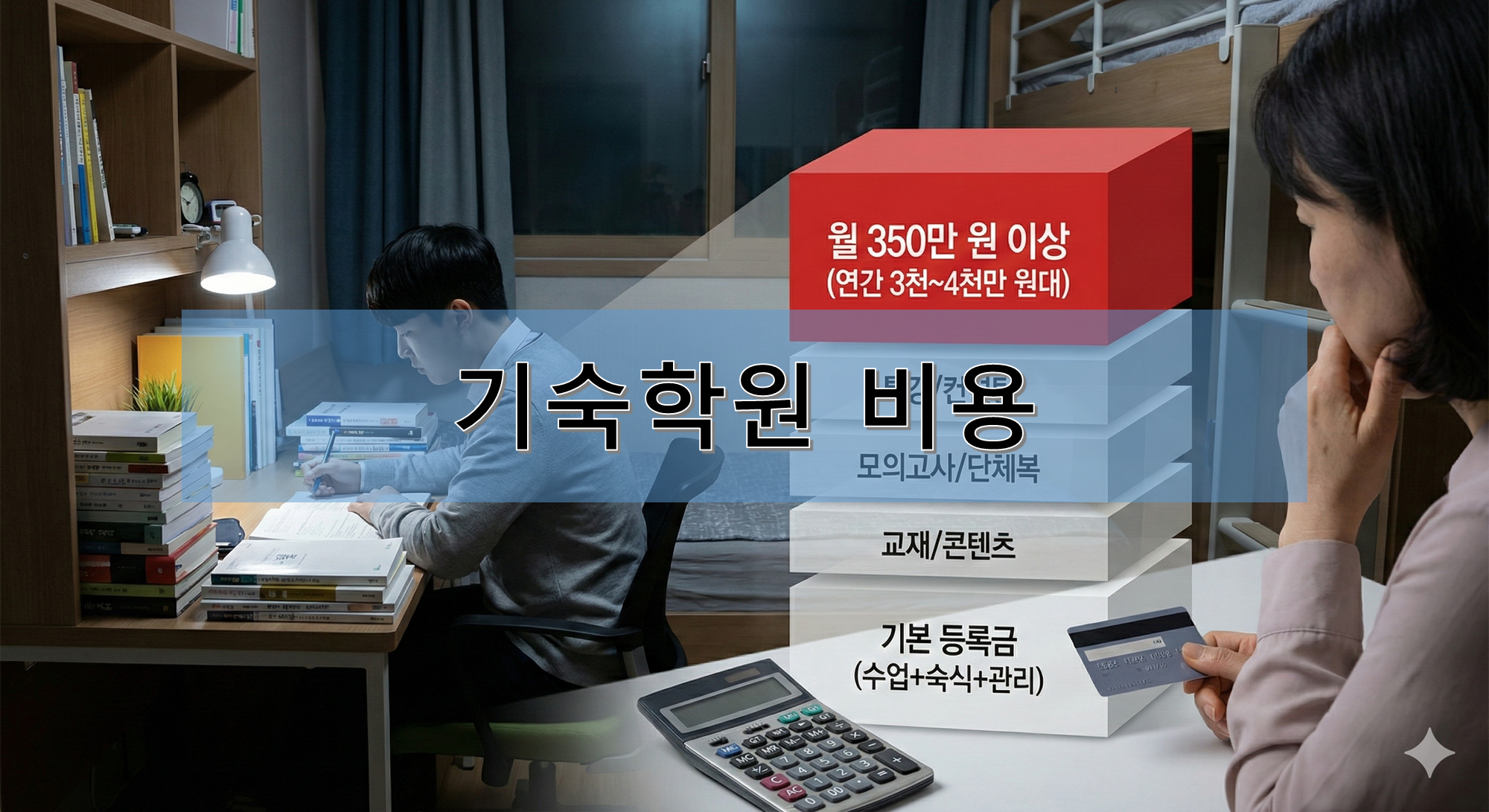 책상에서 공부중인 학생과 기숙학원 비용으로 고민 중인 엄마
