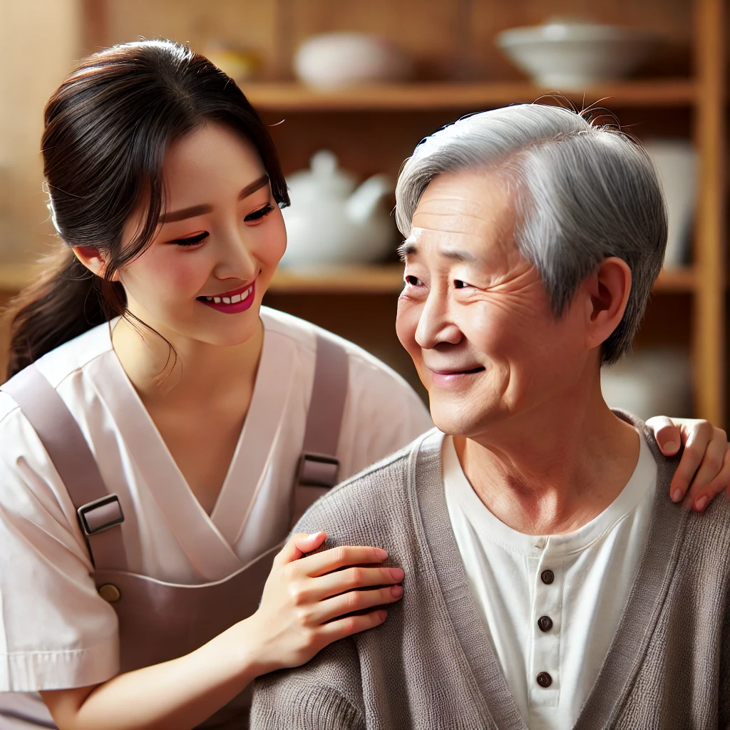 어르신을 바라보며 요양보호사가 웃는 사진