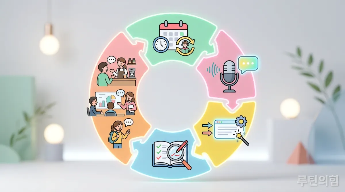 ChatGPT를 활용한 효과적인 영어 회화 학습 루틴을 보여주는 인포그래픽