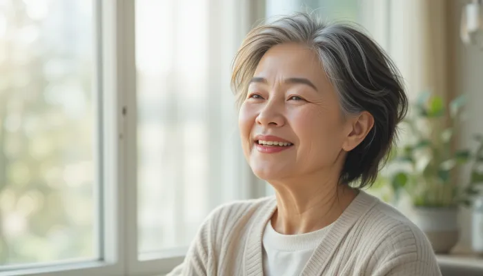 아침 햇살 아래 평온하게 앉아있는 비타민B12 복용 여성