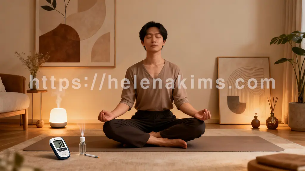 아늑한 공간에 따뜻한 조명 아래, 명상 자세를 취하는 사람의 모습. 주변에는 혈당 측정기, 아로마 디퓨저가 놓인 이미지.