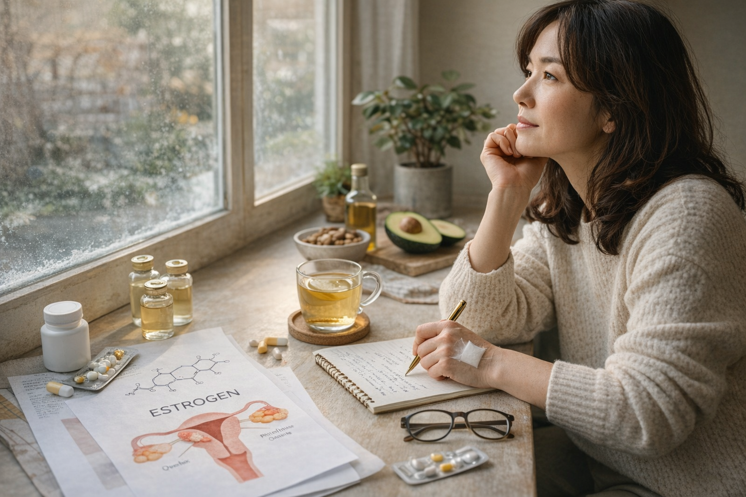 뇌수막종 수술과 호르몬 변화 이후 건강을 관리하며 에스트로겐과 몸의 변화를 고민하는 중년 여성의 모습