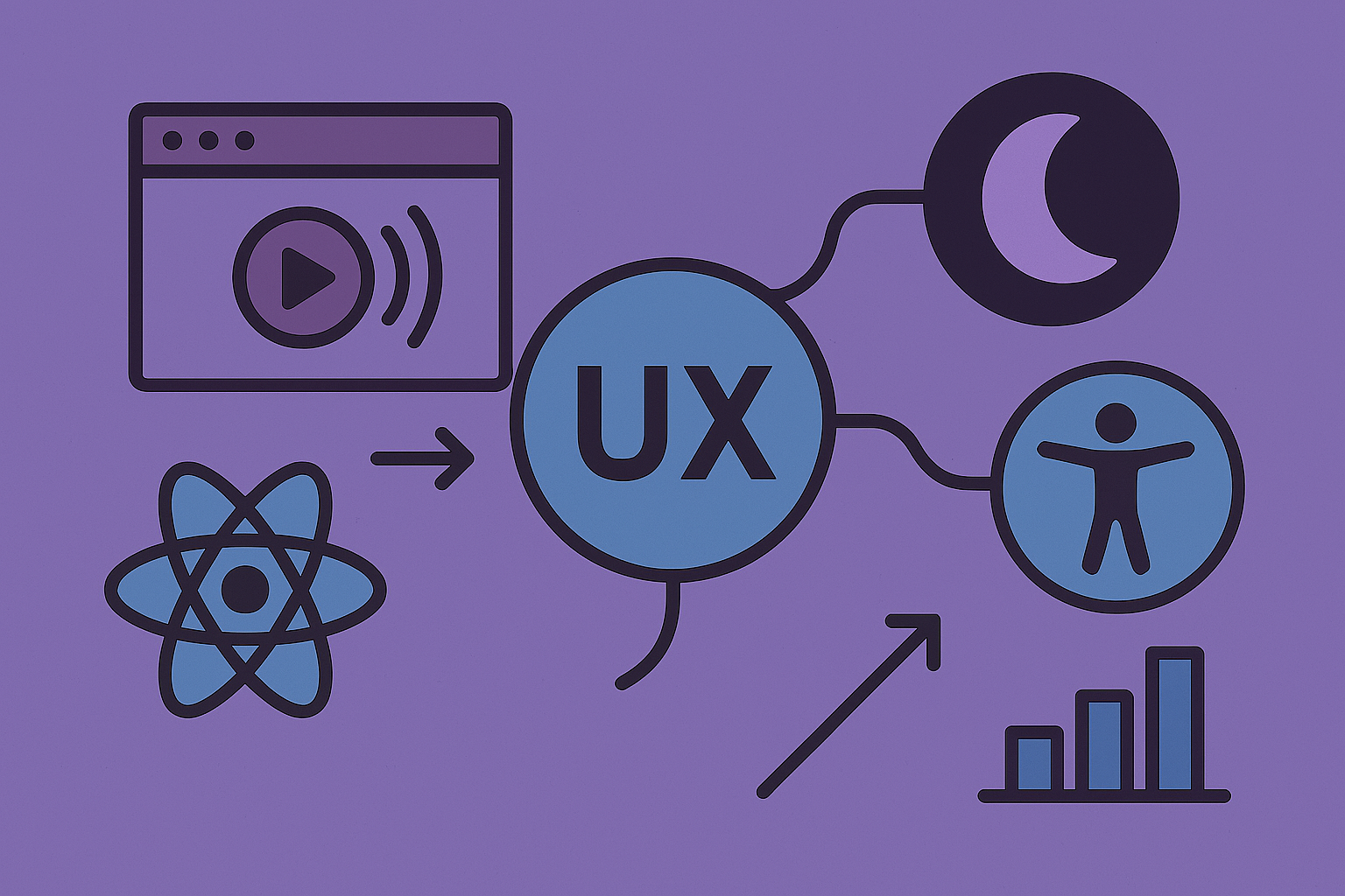 웹 UX/UI의 최신 트렌드를 모션과 접근성 중심으로 표현한 일러스트