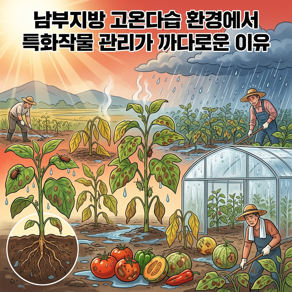 남부지방 고온다습 환경에서 특화작물 관리가 까다로운 이유를 시각적으로 표현한 일러스트