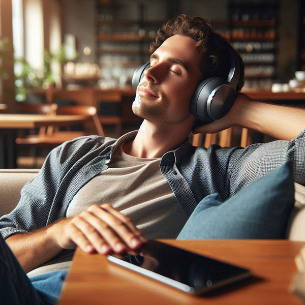 무선 헤드폰으로 자유롭게 음악을 즐기는 사람